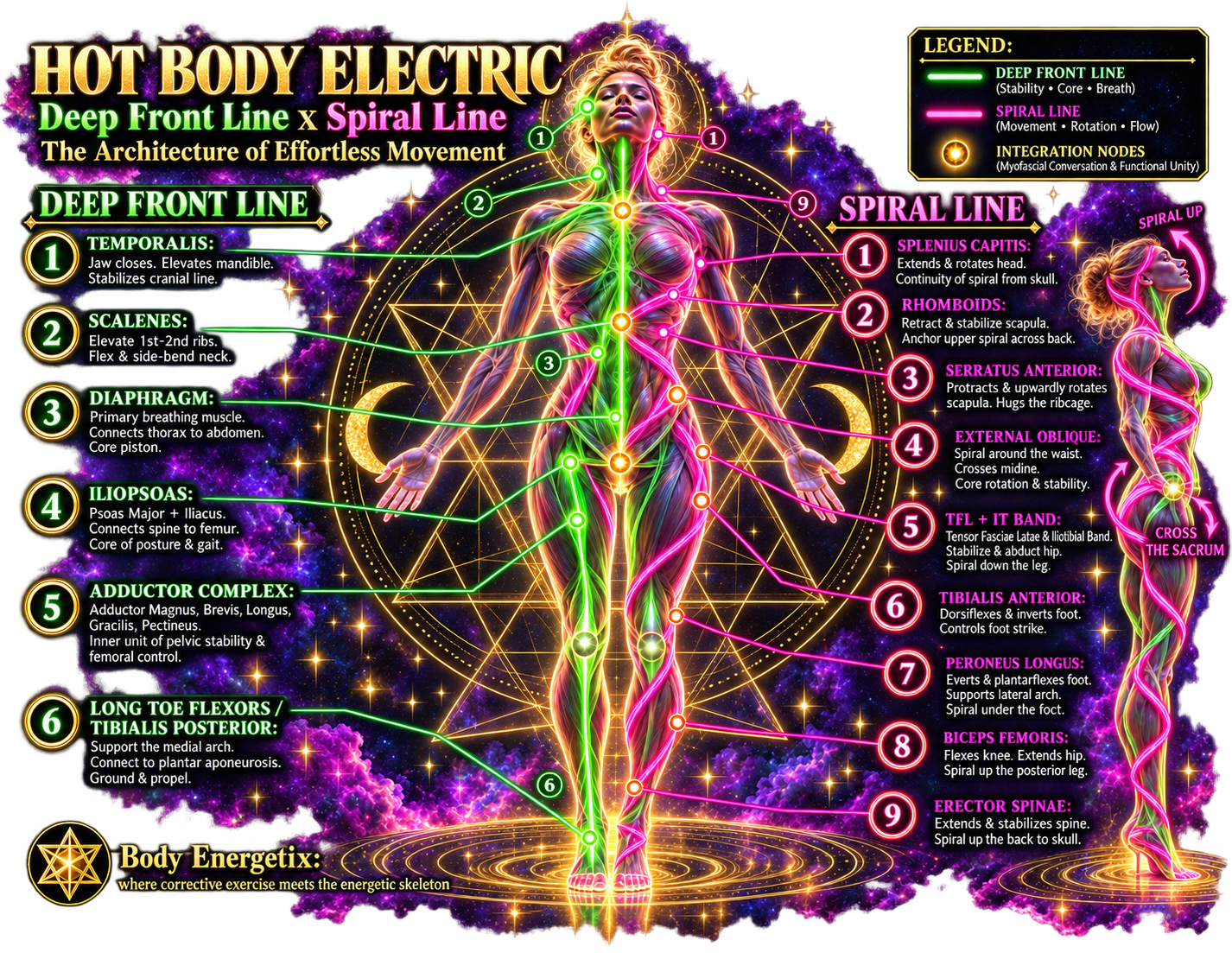 Hot Body Electric anatomy infographic showing the Deep Front Line and Spiral Line fascial systems